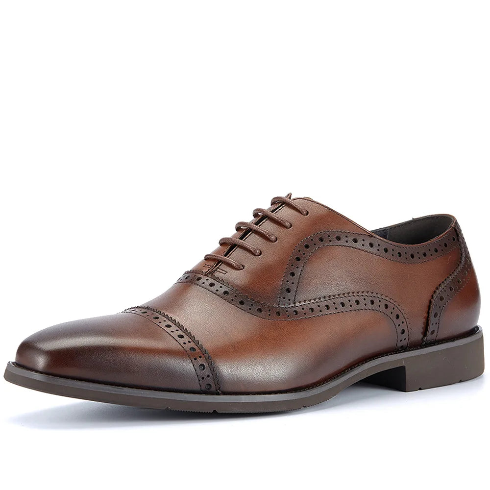 Men's Genuine Leather Brogue Oxfords, Business Formal Dress Shoes with Soft Rubber Sole