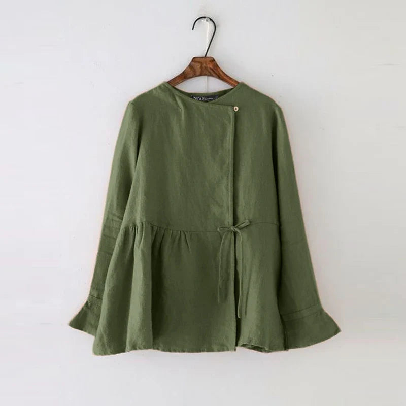 2024 Fashion Vintage Women Long Flare Sleeve Blouse Spring Cotton Shirt Casual Work Blusas Mujer Solid Lace Up Tops Tunic