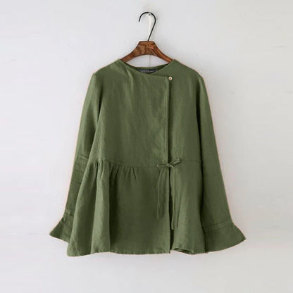 2024 Fashion Vintage Women Long Flare Sleeve Blouse Spring Cotton Shirt Casual Work Blusas Mujer Solid Lace Up Tops Tunic