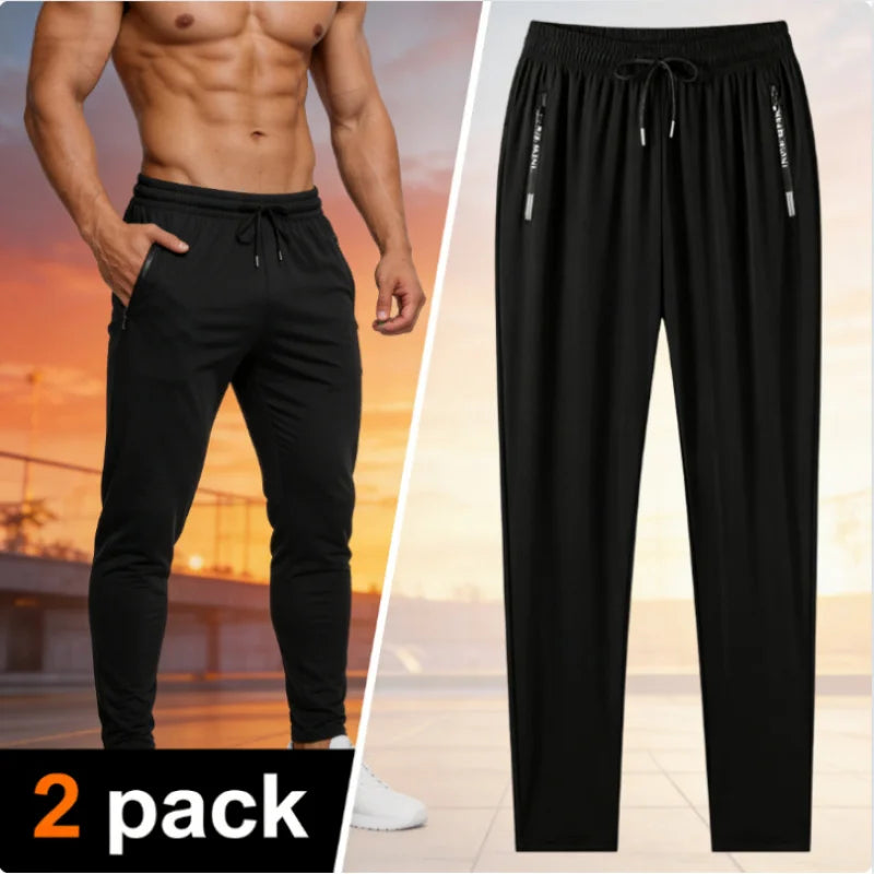 2-Pack Men's Quick Dry Ice Silk Sports Pants, Elastic Waist, Plus Size, Lightweight for Summer Fitness, Hiking & Running