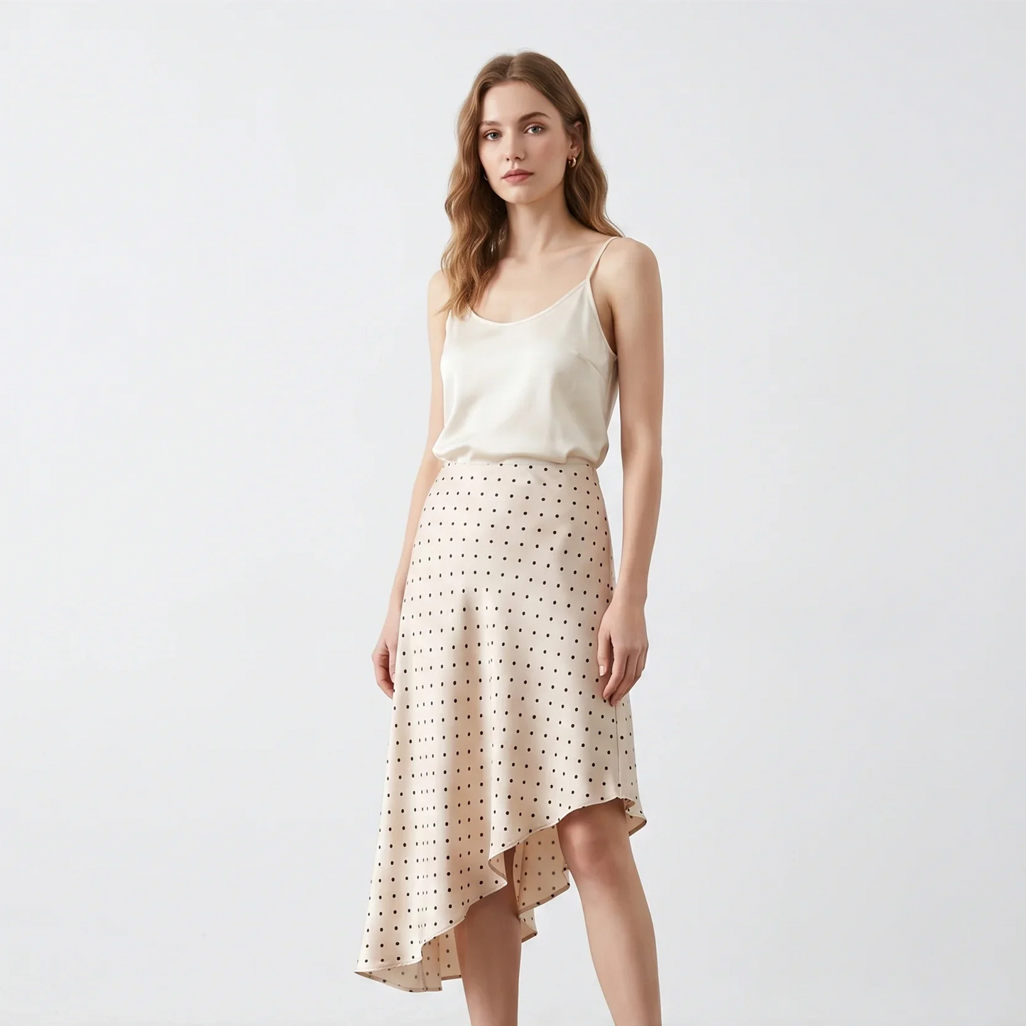 Elegant Women's Polka Dot Satin Midi Skirt High Waist Asymmetrical Hem Flowy Slip Skirt