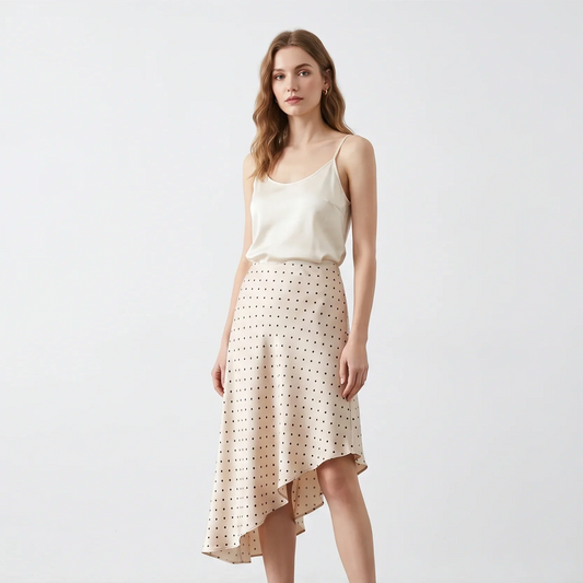 Elegant Women's Polka Dot Satin Midi Skirt High Waist Asymmetrical Hem Flowy Slip Skirt