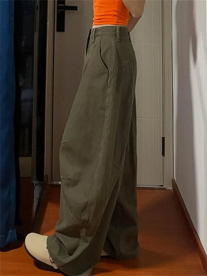Army Green Baggye Jeans for Women High Waist Loose Vintage Y2k  Long Denim Pants Female Fashion Streetwear Washed Jeans