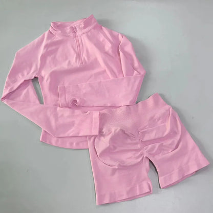 2pcs Long Sleeve Yoga Set Women Half Zippy Jacket Longline Sports Top Gym Shorts Fitness Suits Running Coats Workout Set