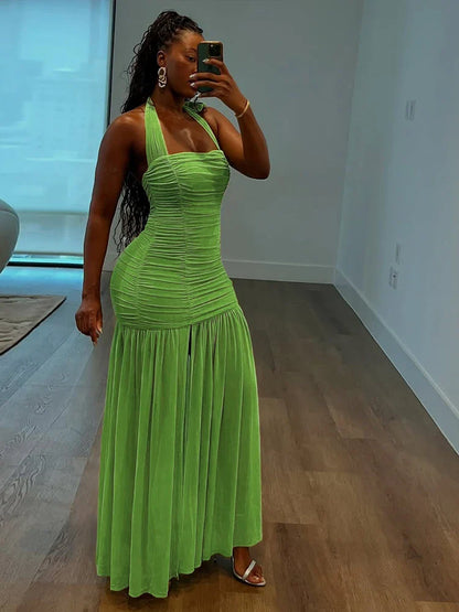 See Through Hem Dress Women Ruched Halter Summer Trend Sleeveless Backless Patchwork Midnight Clubwear Party Maxi Bodycon