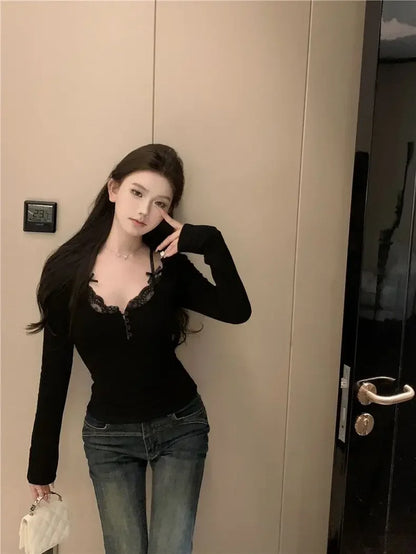 Autumn Sweet Lace Stitching V-neck Skinny Top Pink Coquette Aesthetic Slim-fit Long Sleeve T-shirts Cute Casual Tees Women Goth