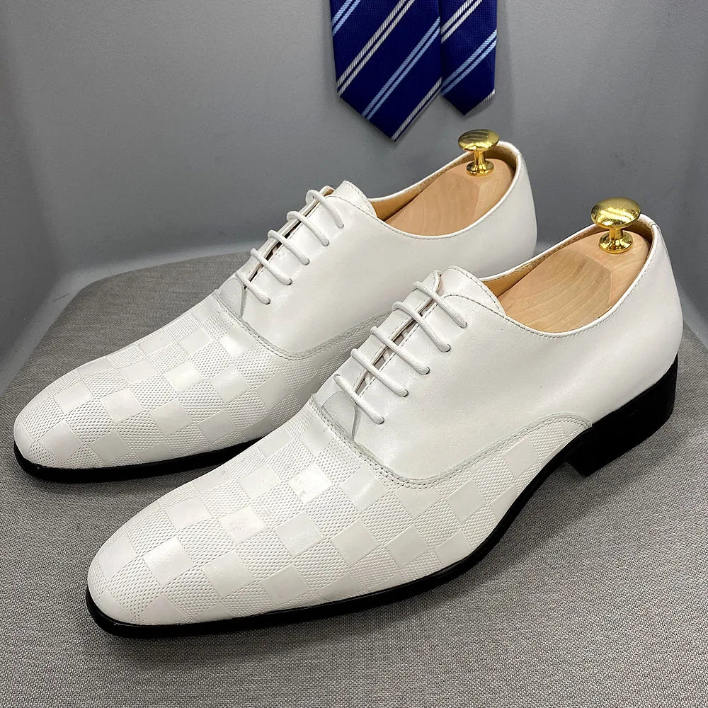 Size 7-12 Classic Italy Mens Oxford Real Leather Shoes White Lace Up Pointed Toe Wedding Party Dress Formal Shoes for Men
