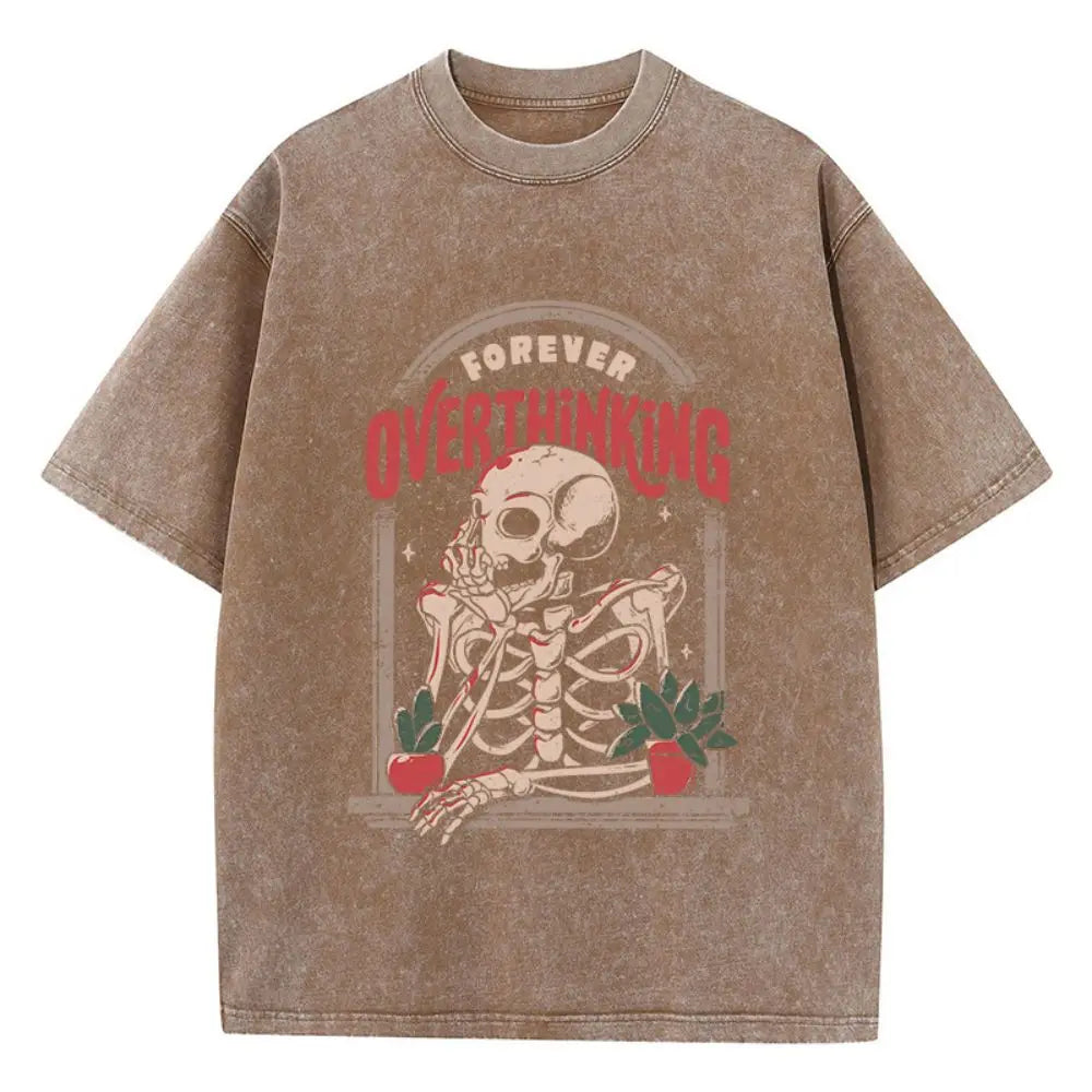 Casual Women'S Cotton Washed T-Shirts Skeleton Man On The Balcony Printing Tops Oversize O-Neck Soft Short Sleeve Female Clothes