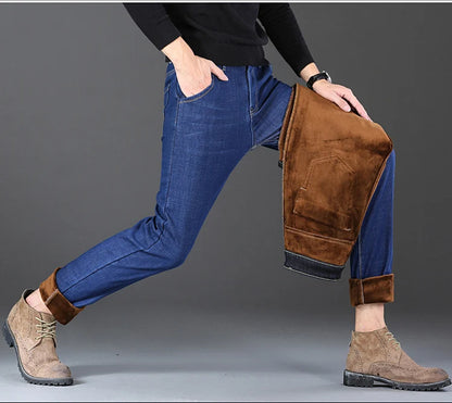 Men New Winter Classics Fleece Thick Warm Jeans Men's Loose Straight Elastic Denim Pants Casual Plush Trousers Large Size 28-40
