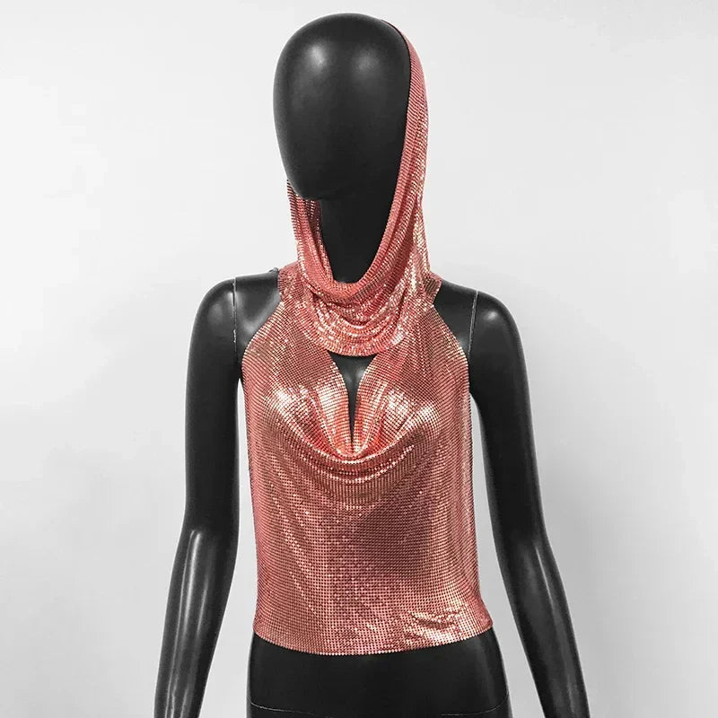 Fashion Metal Sequined Y2k Women Crop Top Tank Tops with Headscarf Metallic Sequins Sexy Backless Hollow Out Halter Corset top