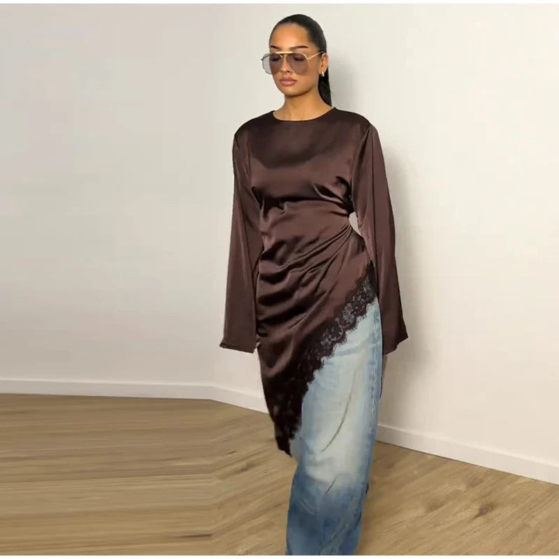 Women's Satin Blouse With Lace Trim Fashion O-neck Long Sleeve Lace Up Waist Irregular Tops 2026 Spring New Chic Lady Streetwear