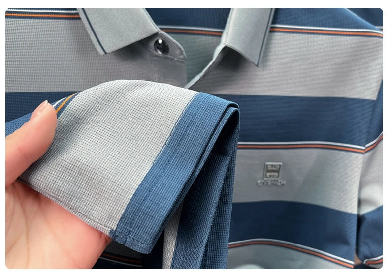 Light luxury striped color blocked short sleeve polo shirt brand symbol emboss high-end casual summer silky smooth men's T-shirt