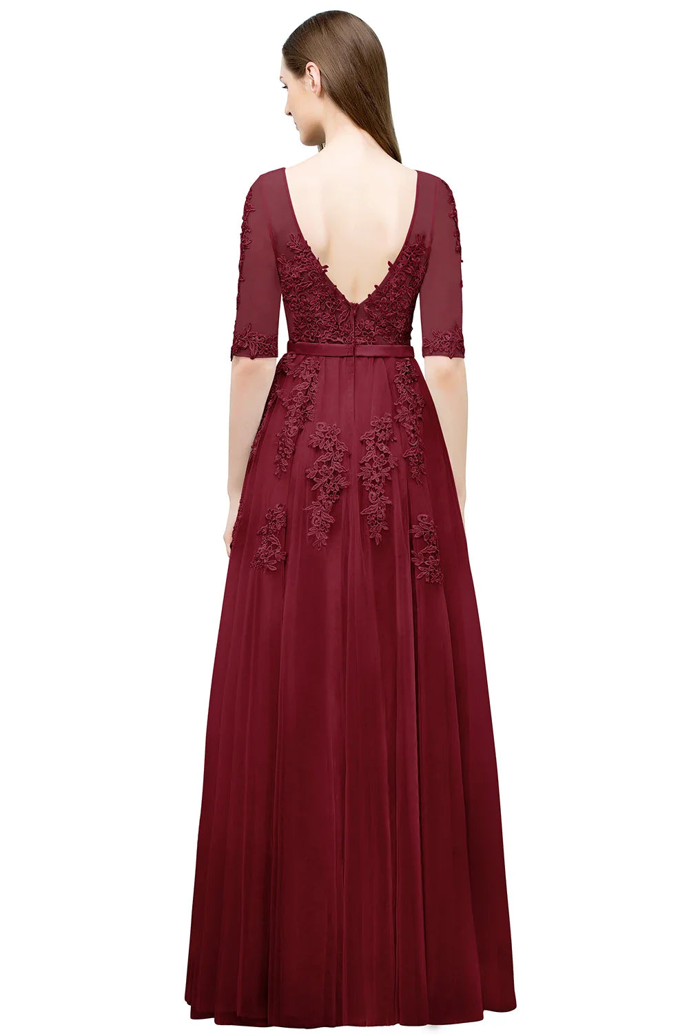 Elegant Half Sleeve Evening Dresses Lace Appliques A-Line Long Tulle Strap V-Neck Sheer Backless Prom Dress Empire Party Gowns