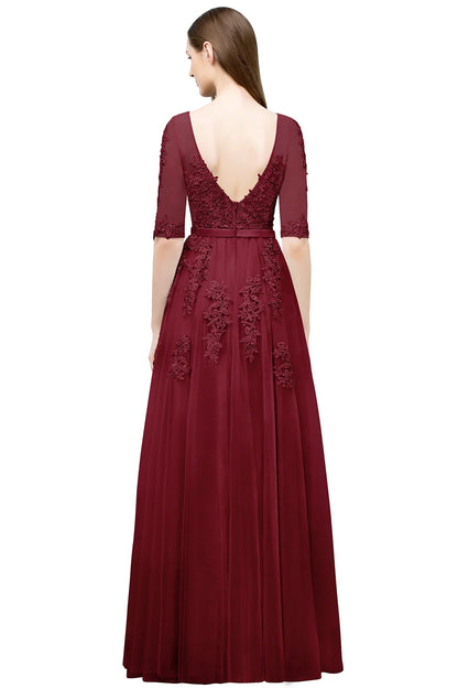 Elegant Half Sleeve Evening Dresses Lace Appliques A-Line Long Tulle Strap V-Neck Sheer Backless Prom Dress Empire Party Gowns