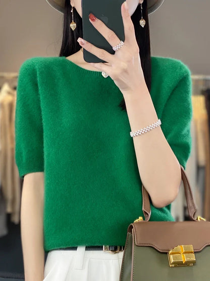 100% pure wool T-shirt spring and summer new women's O-neck pullover short sleeve loose five-sleeve sweater high-end top