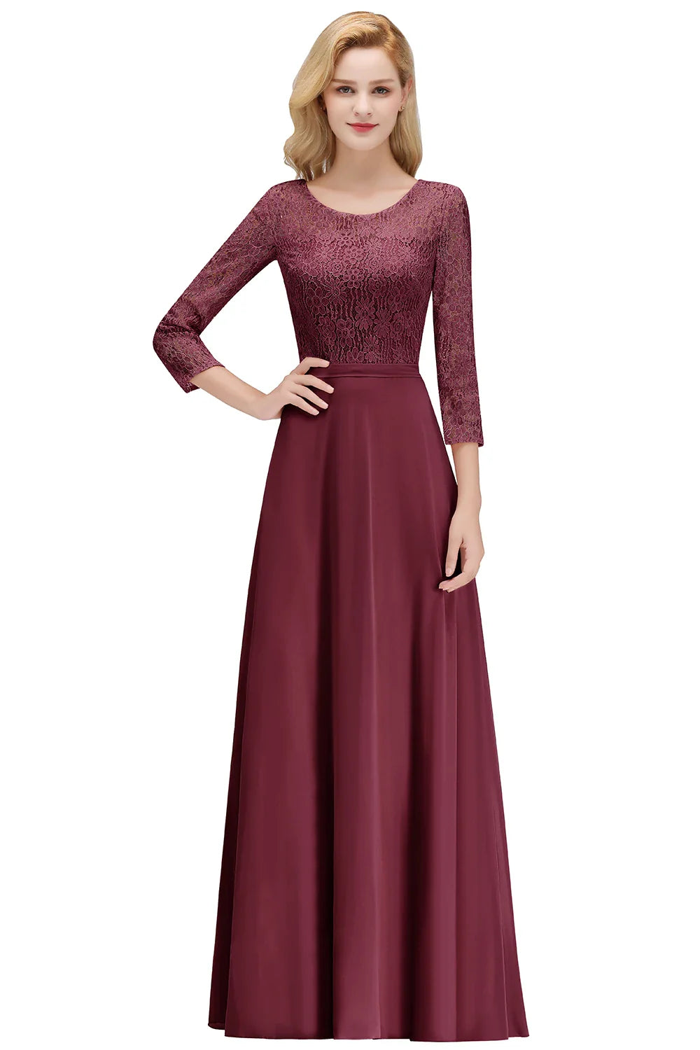 Vestido de Madrinha em Estoque Manga Longa Renda Floral Apliques Chiffon Saia Evasê Vestido de Festa de Casamento Bohêmio para Convidada