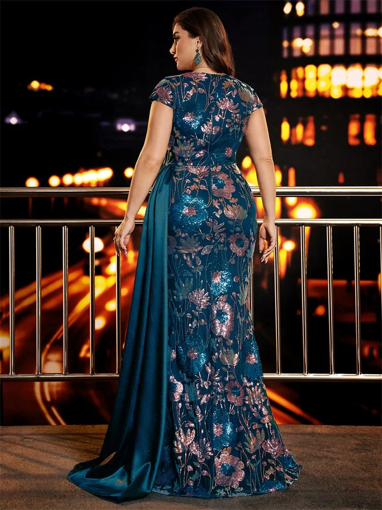Plus Size Elegant V-Neck Patchwork Ribbon Sequins Evening Dress Woman Formal Mermaid Wedding Party Guest Gowns