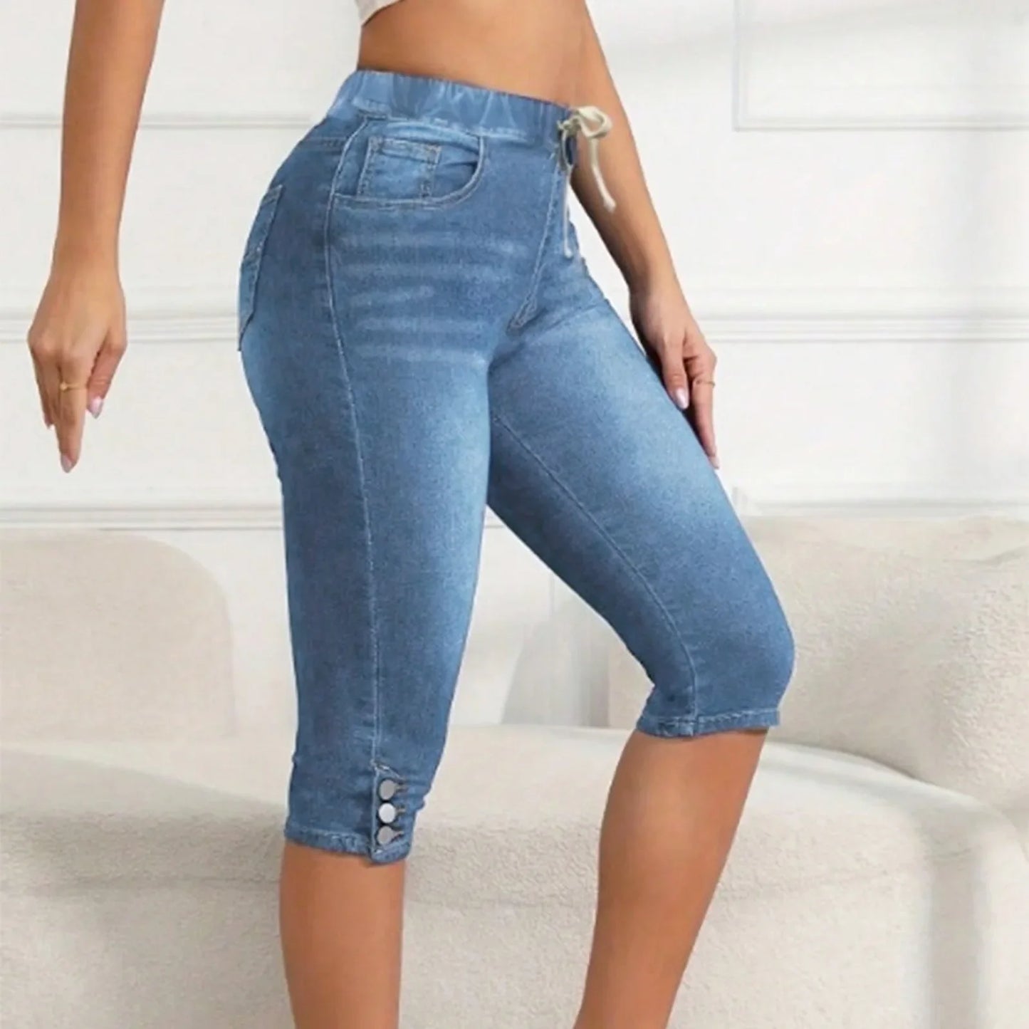 Women Elasticated Waist Lace-up Pencil Jeans Female Denim Pants