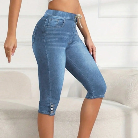 Women Elasticated Waist Lace-up Pencil Jeans Female Denim Pants