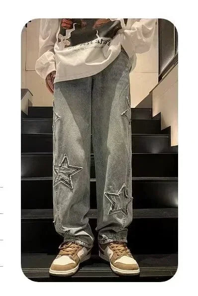Star Embroidered Straight Casual Men's Jeans Y2K Gothic Unisex New Wide-leg Loose, Comfortable Fashionable Youth Street Jeans