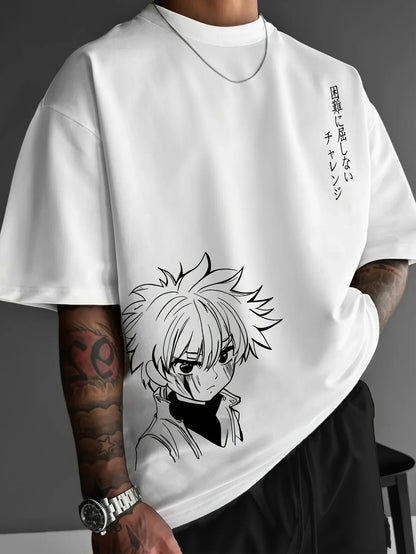 Men's 100% cotton fashionable casual loose fitting Japanese anime character pattern printed round neck short sleeved T-shirt top