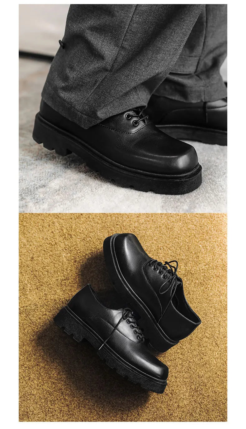 Men's Formal Shoes with Flat Heel Low Top Lace-up Solid Color Thick Sole Unique and Fashionable New Style Leather Shoes