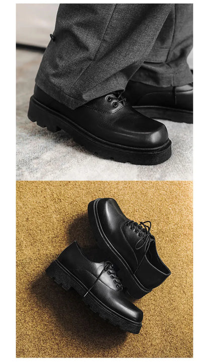Men's Formal Shoes with Flat Heel Low Top Lace-up Solid Color Thick Sole Unique and Fashionable New Style Leather Shoes