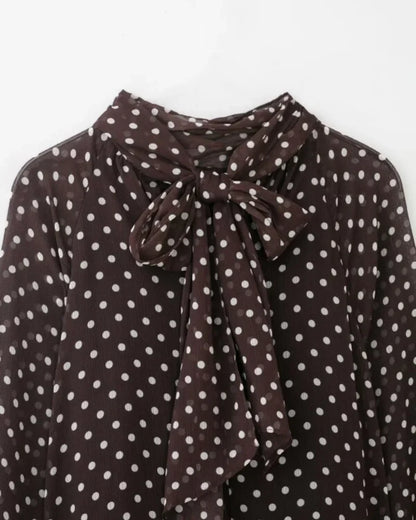 Elegant Women Polka Dot Blouse, Spring Bow Tie Lantern Sleeve Layered Neck Chiffon Shirt, Casual Daily Office Top
