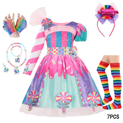 New Candy Dress Lollipop Cosplay Costume Rainbow Dress Carnival Purim Party Princess Dress Long Short Sleeves Candies Dresses
