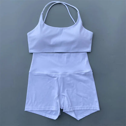 Yoga Shorts Set Gym Two Piece Sports Set Women Workout Outfit Fitness Suit Cross Straps Bra High Waist Shorts Running Tracksuit