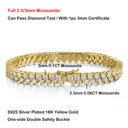 Double Row Full 2.5/3mm Round Cut Moissanite Tennis Bracelet D Color Lab Diamond 925 Silver Women Man Link Bracelets Gift