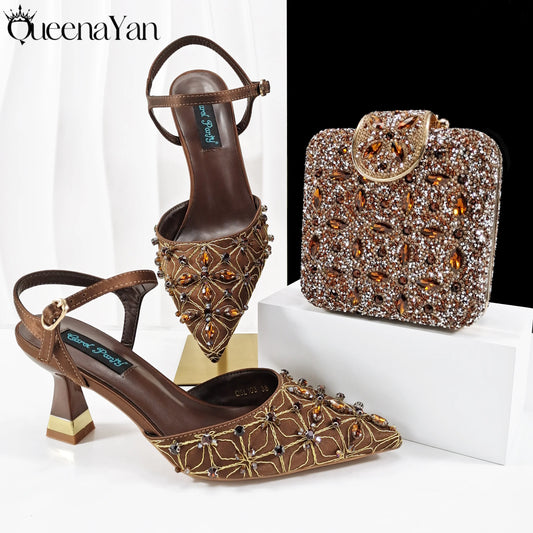 Lovely Style Coffee Color Rhinestone Decoration Design Pointed Toe Lady Shoes and Bag for Party Wedding