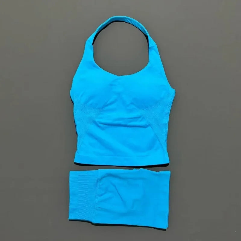 Women Seamless Gym Set 2Pcs Halter Neck Sports Crop Top High Waist Scrunch Butt Shorts Workout Fitness Yoga Tracksuit Sportswear