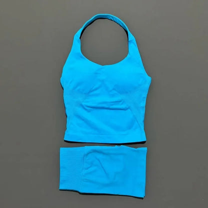 Women Seamless Gym Set 2Pcs Halter Neck Sports Crop Top High Waist Scrunch Butt Shorts Workout Fitness Yoga Tracksuit Sportswear