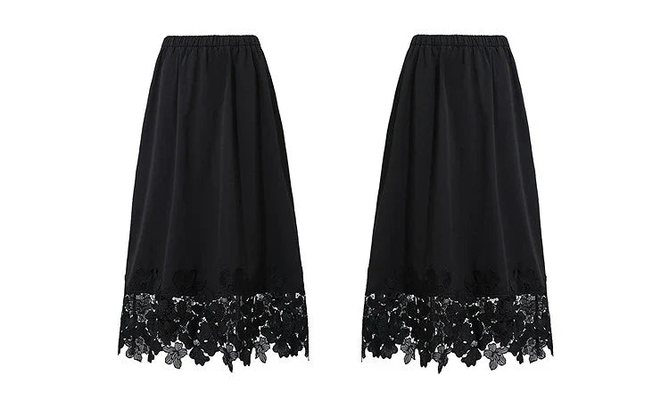 Women's Skirt 2026 Summer New Elastic Waist Cutout Lace Hem Midi Casual Loose Fit Floral Trim Skirt For Women 12622106