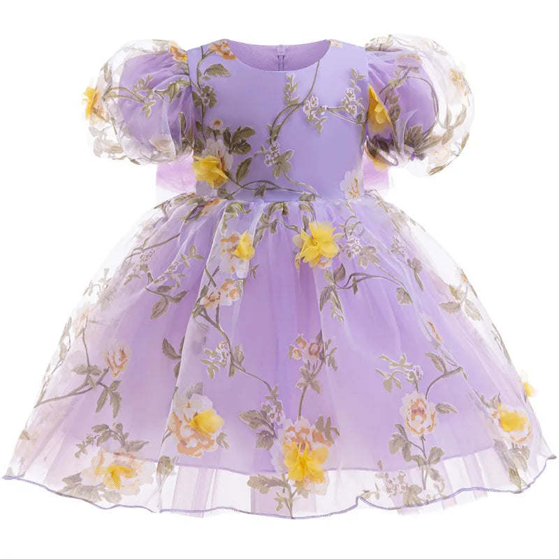 Girls 3D Rose Bubble Sleeves Princess Dress New Children's Fashion Lace Dress Carnival Birthday Party Performance Clothing