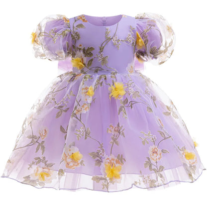 Girls 3D Rose Bubble Sleeves Princess Dress New Children's Fashion Lace Dress Carnival Birthday Party Performance Clothing