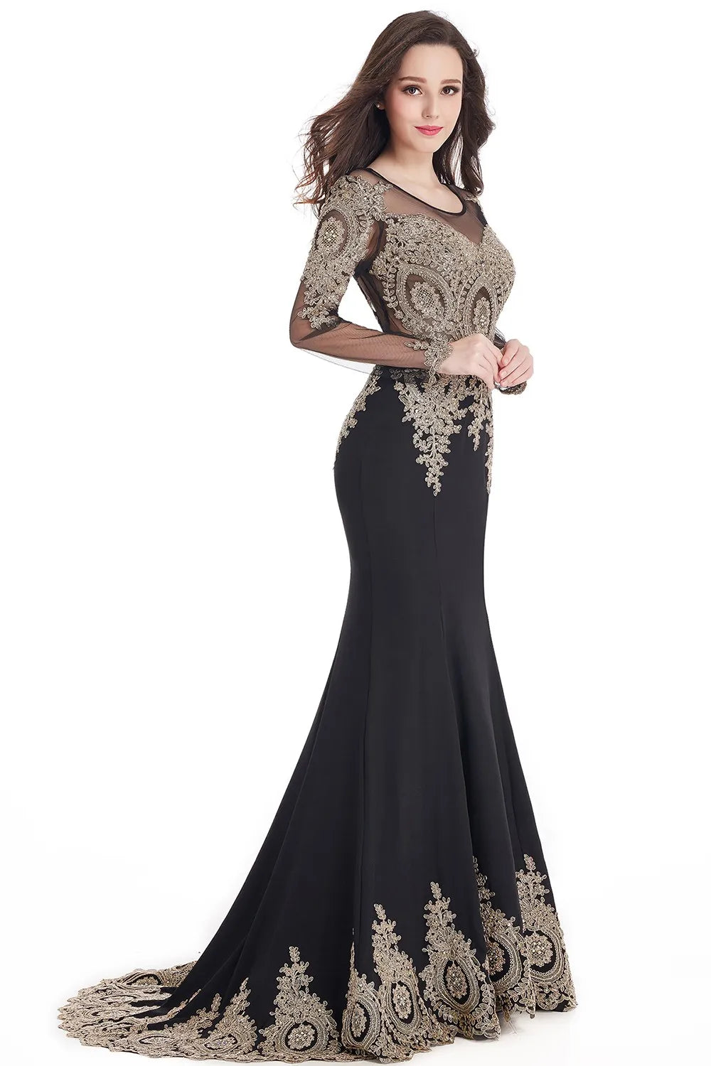 Prom Dresses Women Beading Long Sleeve Backless Elegant Lace Applique Formal Evening Party Gown For Bride Robe De Soirée