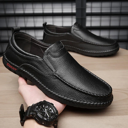 Men’s Leather Casual Loafers for Adults – Breathable, Comfortable Shoes in Black, Brown, White