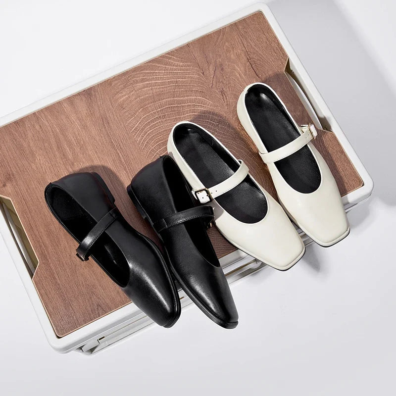 Mary Jane Shoes Female Genuine Leather 2026 New Snap Ballet Shoes Women Square Toe Flat Cowhide Ladies Shoes