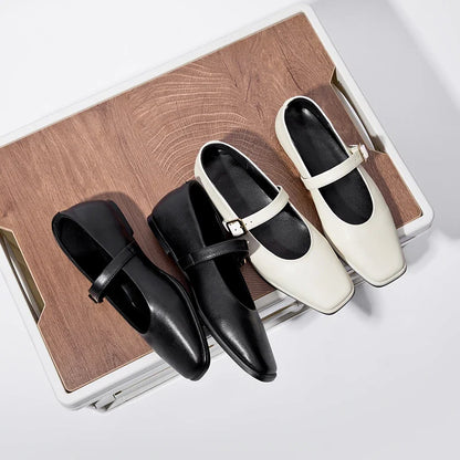 Mary Jane Shoes Female Genuine Leather 2026 New Snap Ballet Shoes Women Square Toe Flat Cowhide Ladies Shoes