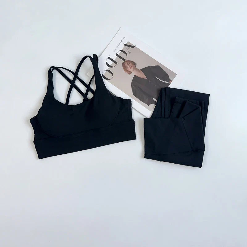 2 Pieces Yoga Set Women Gym Set Workout Clothes Sports Suits High Waist Leggings Cross Straps Fitness Bra Top Running Tracksuit