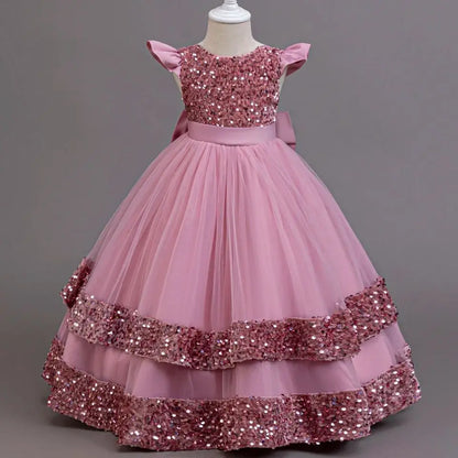 2025 New Elegant Girl Wedding Dress Sequined Mesh Princess Dress 4-12 Year Old Girl Graduation Party Prom Evening Dress