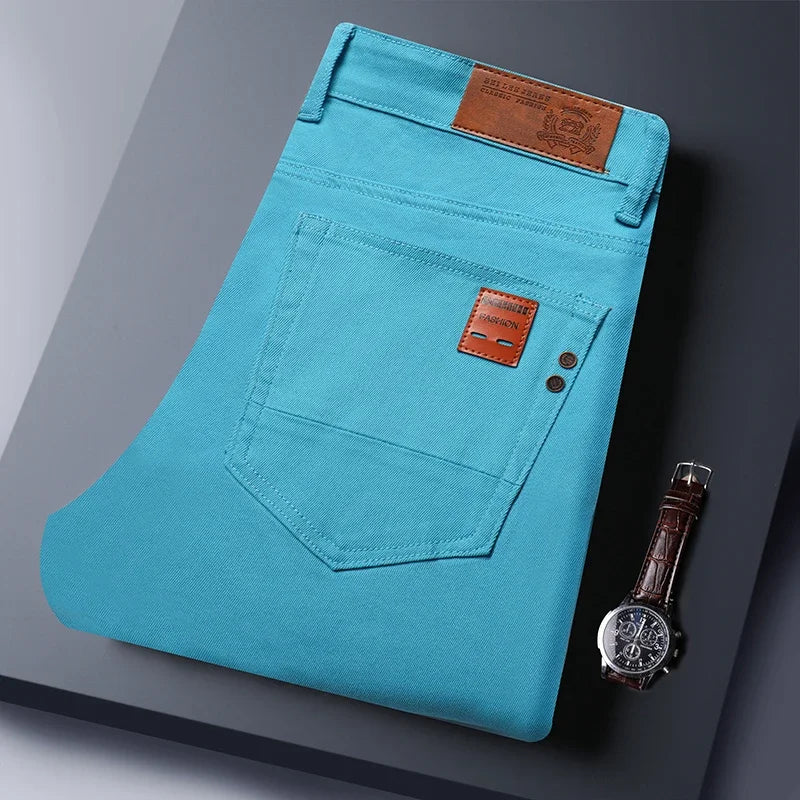 Calça Jeans Masculina Slim Elástica Colorida Estilo Coreano Primavera Outono Macia Confortável Casual Reta Denim Streetwear