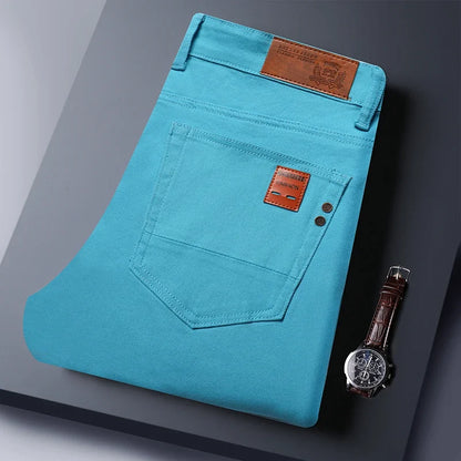 Calça Jeans Masculina Slim Elástica Colorida Estilo Coreano Primavera Outono Macia Confortável Casual Reta Denim Streetwear