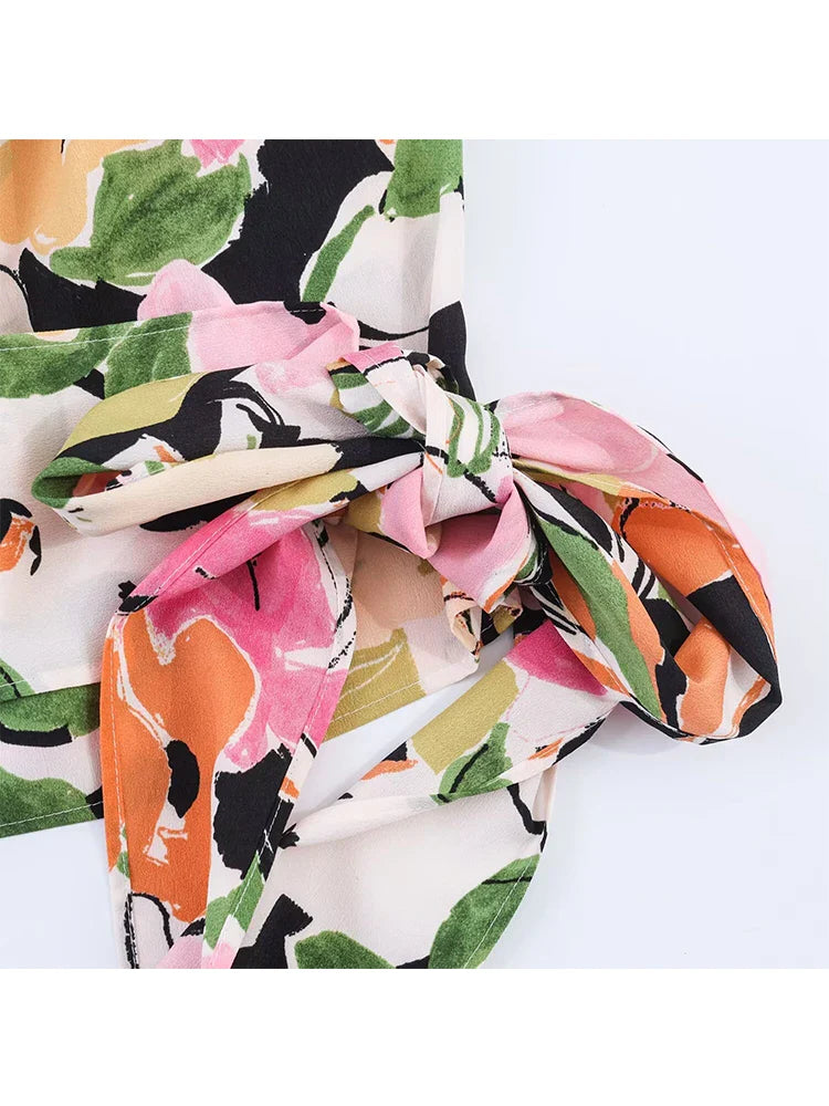 Summer 2026 Women Sleeveless Blouse Top Elegant Floral Printed Shoulder Pad Top Chic Side Tie-up Fashion Lady Vest
