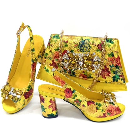 Elegant Women Heels for Peep Toe Good Material Design Rhinestone Yellow Sandals Italian Shoes and Bags Matching Set 2024