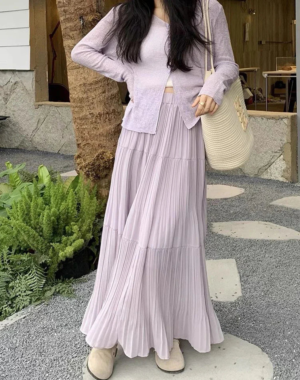 Women's High Waist Pleated Maxi Skirt, Casual A-Line Flowy Tiered Long Skirt, Elegant Beach Vacation Skirts for Ladies