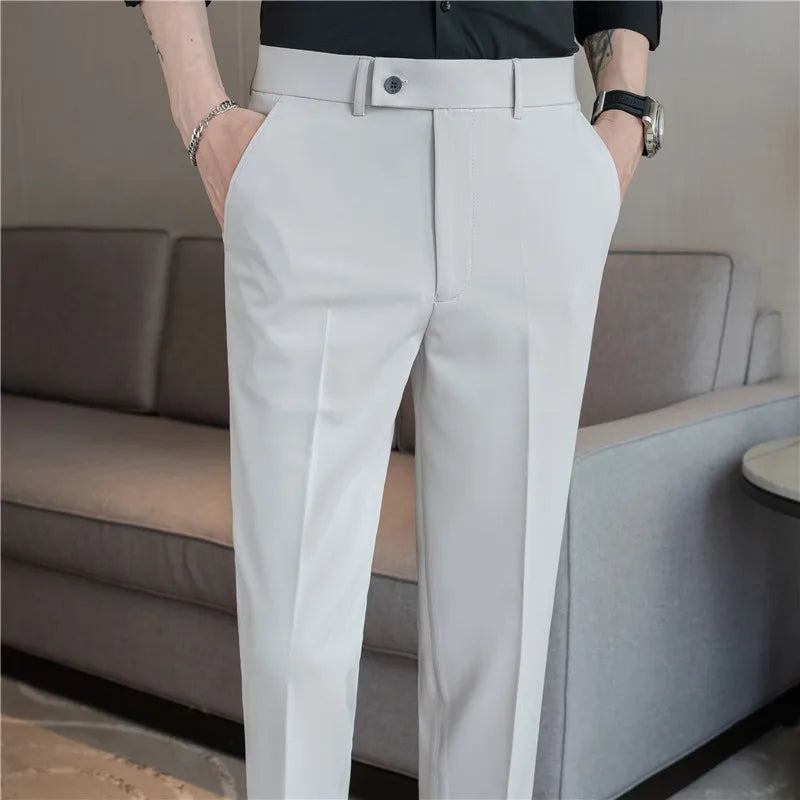 Stretch Solid Color Men's Trousers, Suitable for Business Casual, Parties, Formal Events, and Ankle-length Slim Pants.28-40