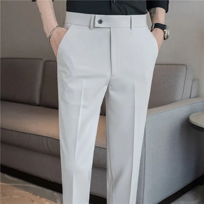 Stretch Solid Color Men's Trousers, Suitable for Business Casual, Parties, Formal Events, and Ankle-length Slim Pants.28-40